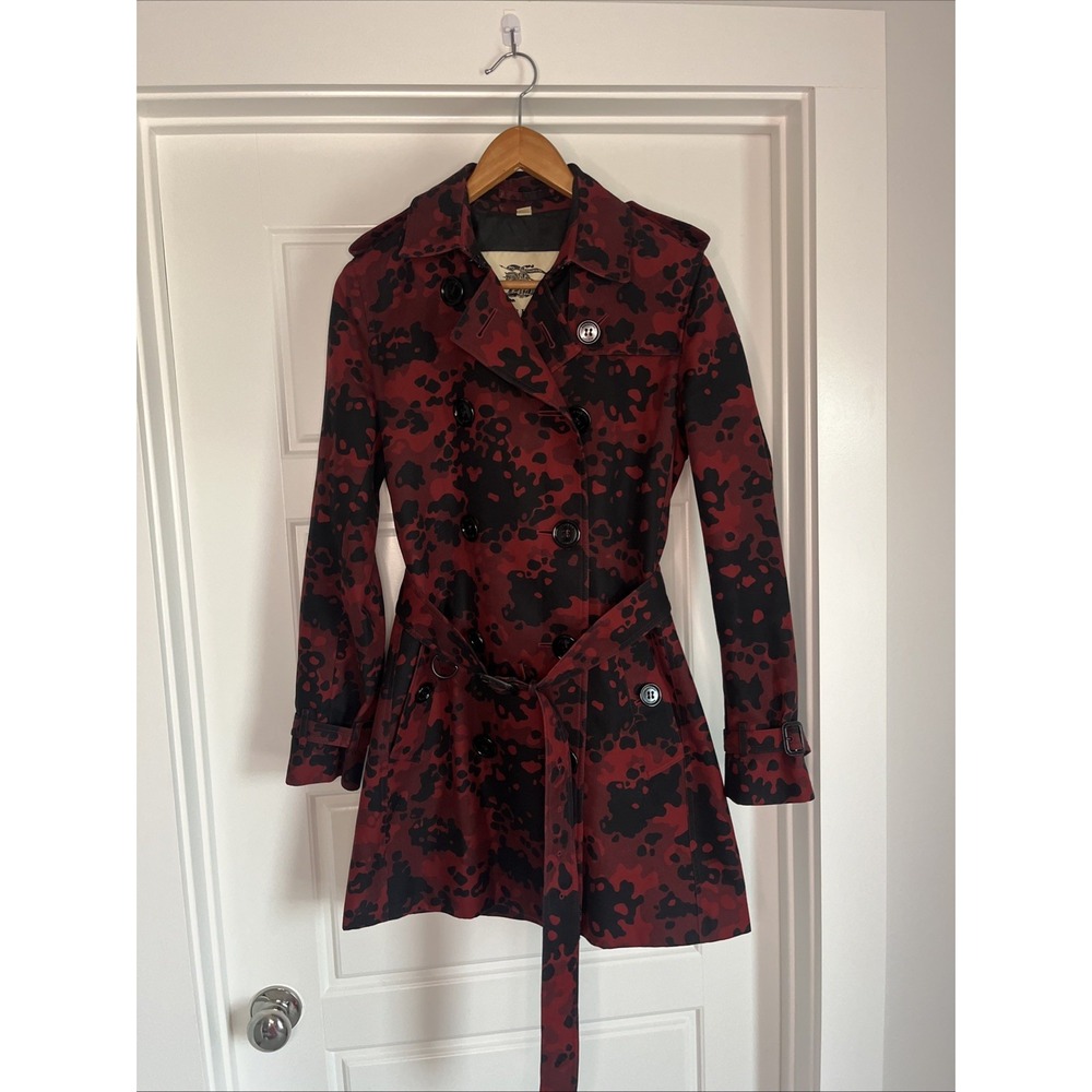 Burberry London Peacoat Double Breasted Cotton Red Black Camouflage 10 Luxury - Picture 2 of 16